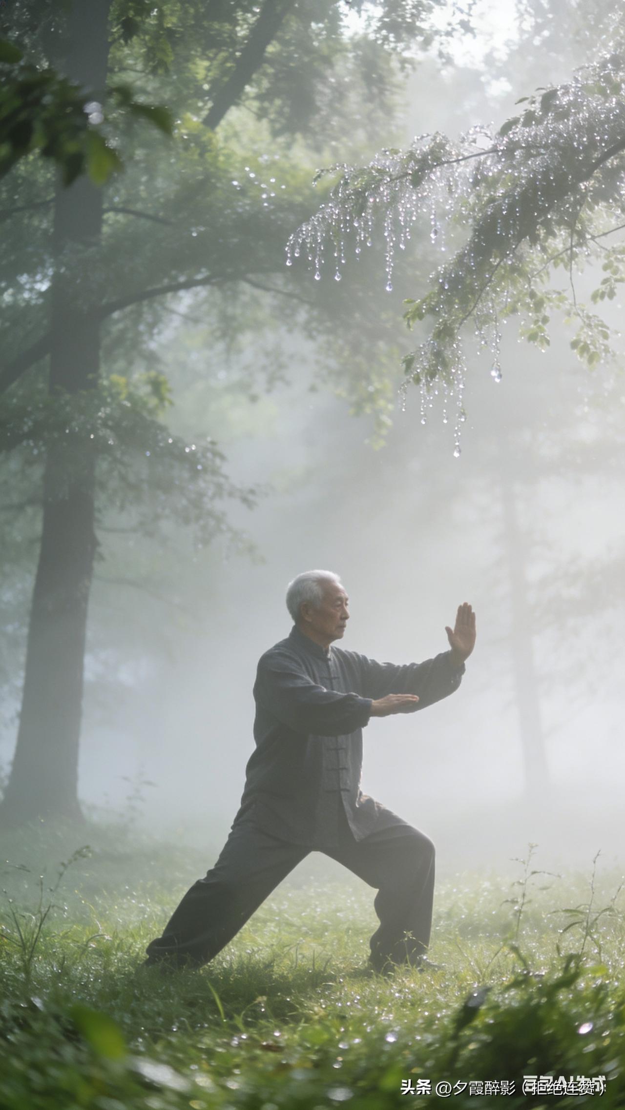 清晨赴太极，风裹着草木香。
慢出云手，沉气落步，一呼一吸间，把浮躁都揉进舒展的招