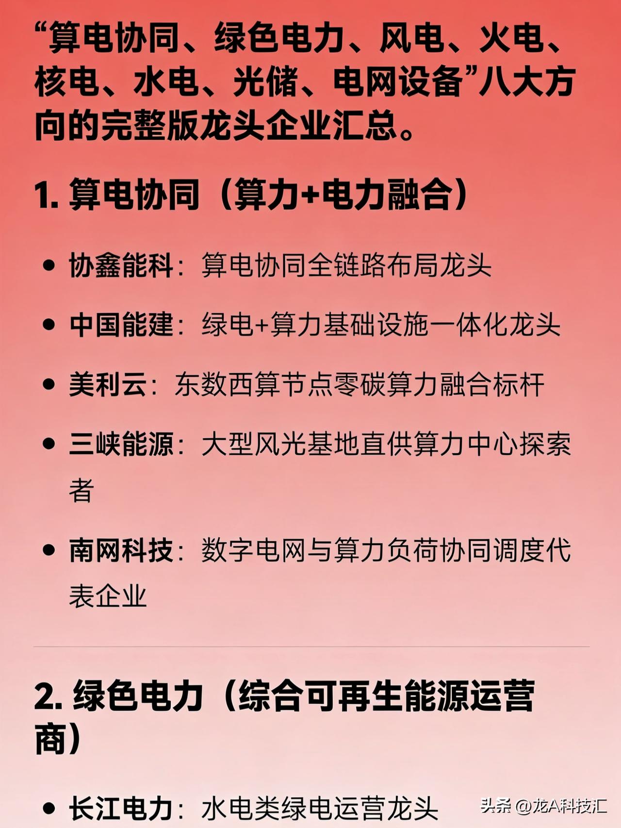“算电协同、绿色电力、风电、火电、核电、水电、光储、电网设备”八大方向的完整版龙