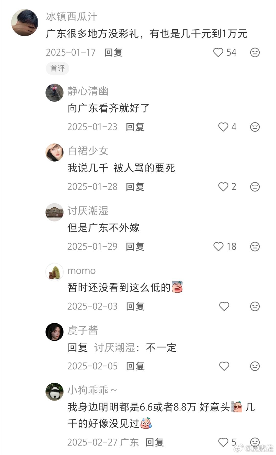 建议彩礼金额不超过6万元网友:广东很多地方都没有彩礼，有也只是几千元到一万元。广