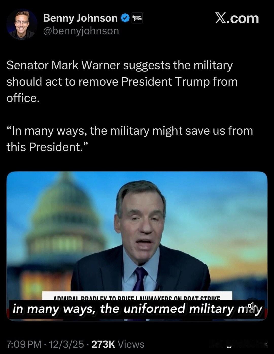 参议员 Mark Warner 暗示，军方应该采取行动把总统川普赶下台。

“在