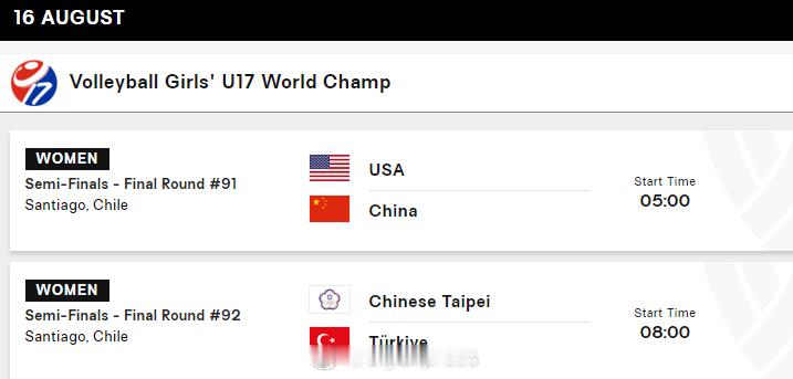 【U17女排世锦赛半决赛赛程对阵】北京时间8月15日上午，2026U17女排世锦