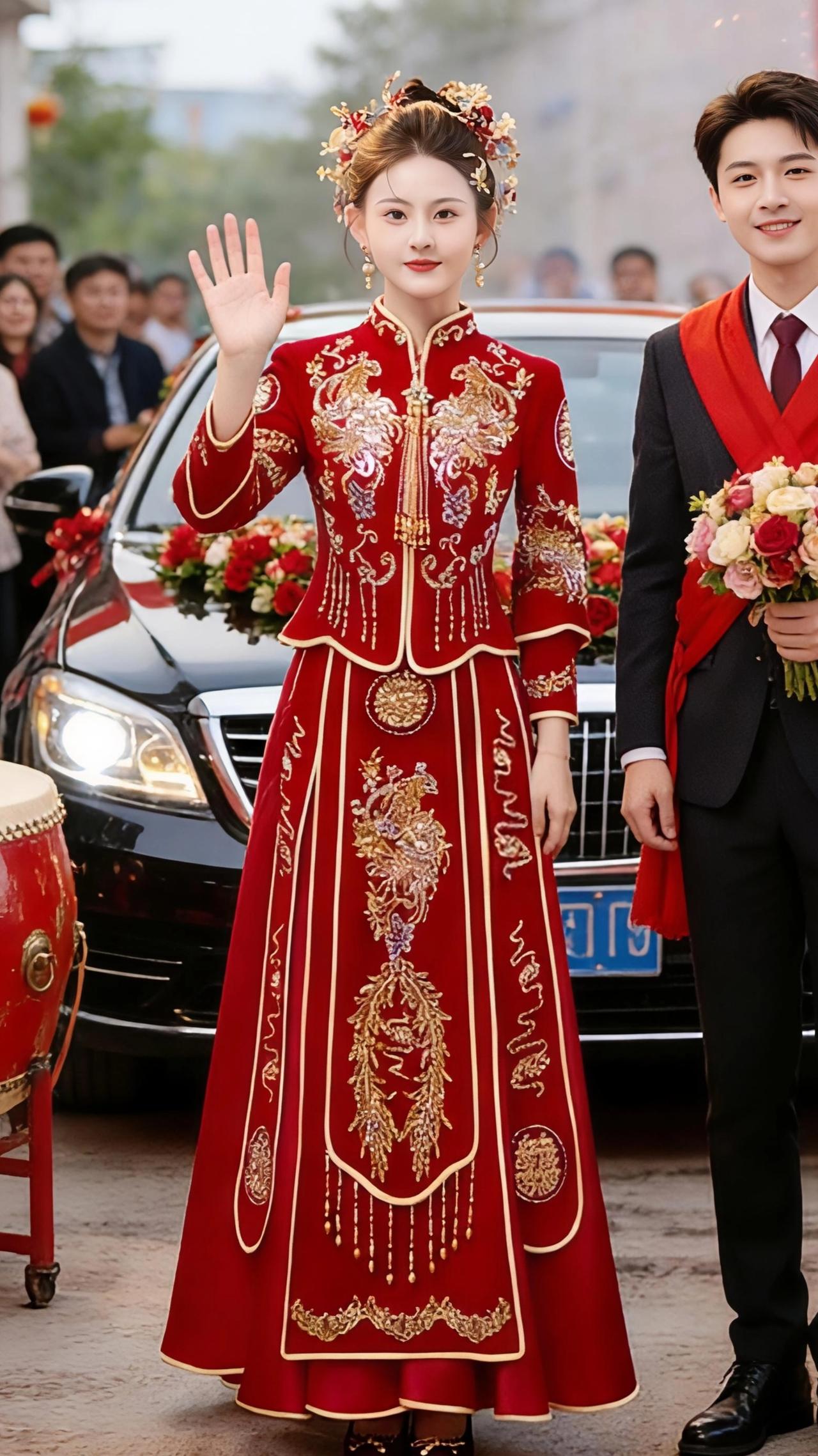 红妆十里，奔赴此生
 
当清晨的第一缕阳光掠过巷口，那辆缀满玫瑰与绣球的黑色劳斯