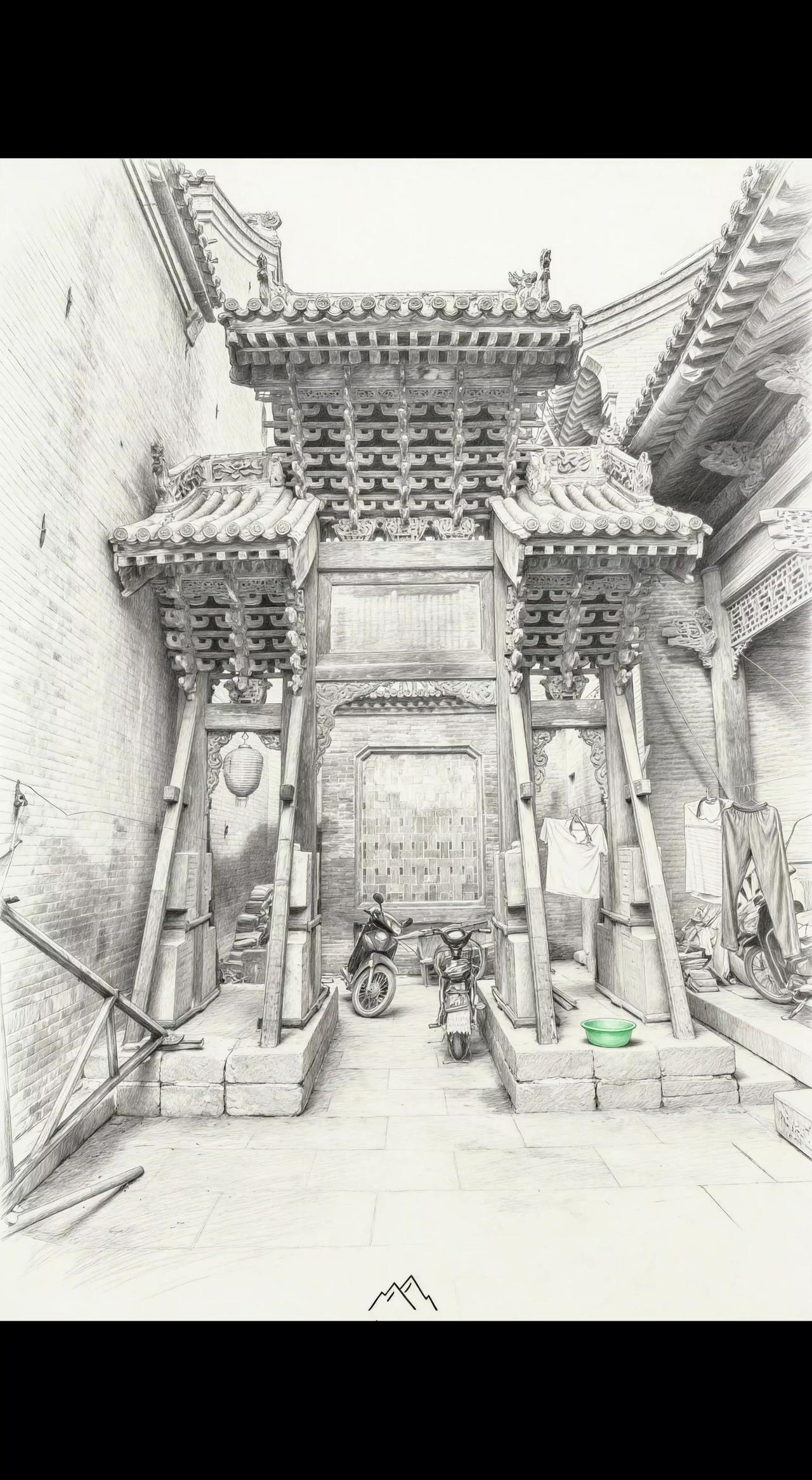 ✏️飞檐斗拱藏岁月，单车静立画中央🏮。时光在此打了个盹，旧梦新痕皆温柔✨。