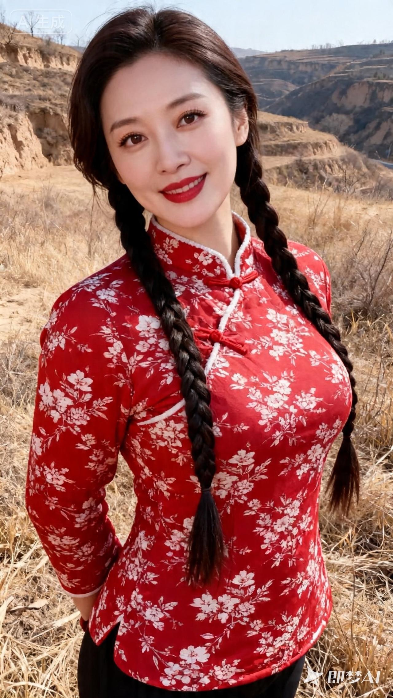 古风红衣少女，置身于山水之间，尽显古典韵味。