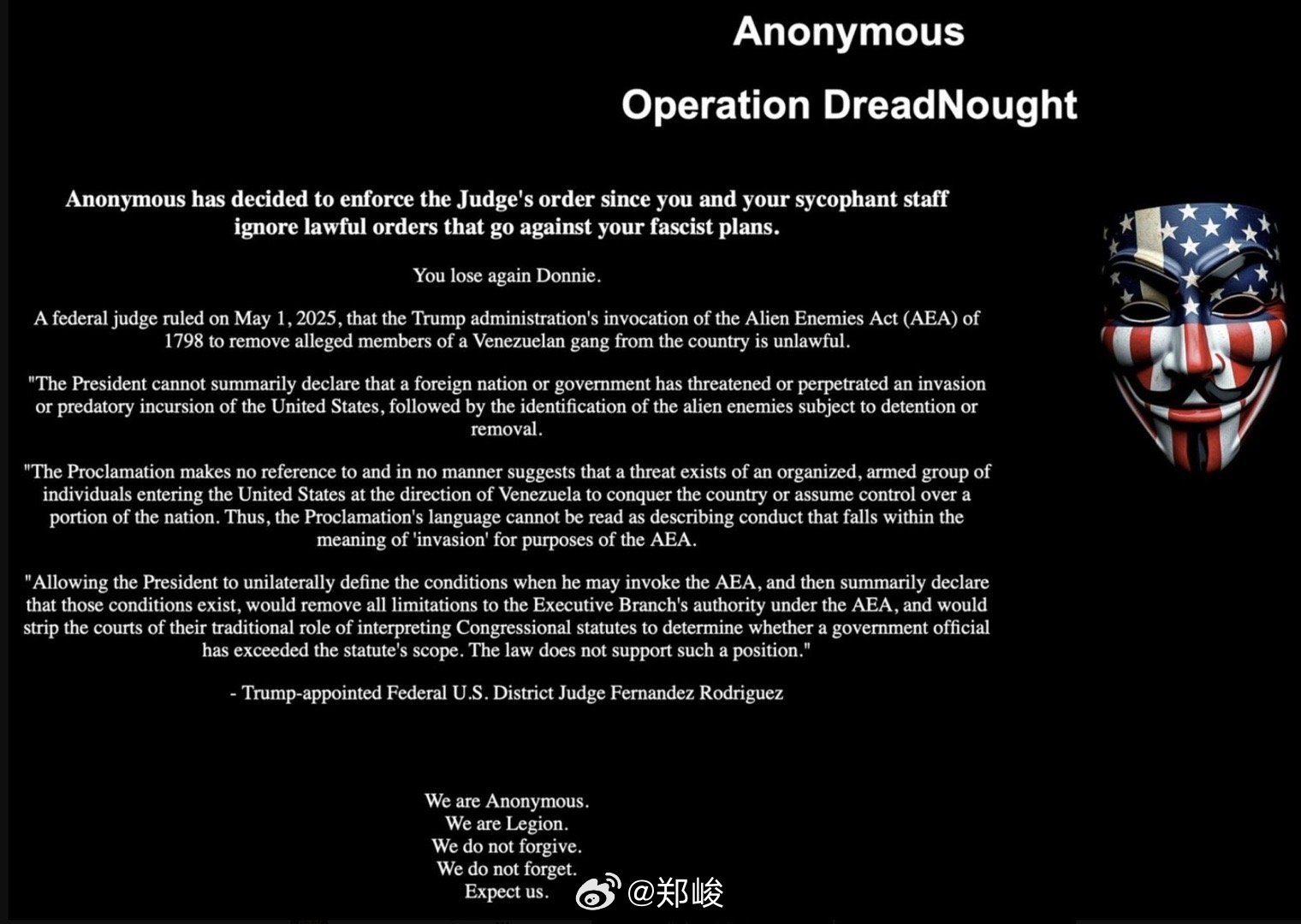 知名黑客组织Anonymous入侵了帮助美国政府遣返非法移民的航空公司Globa