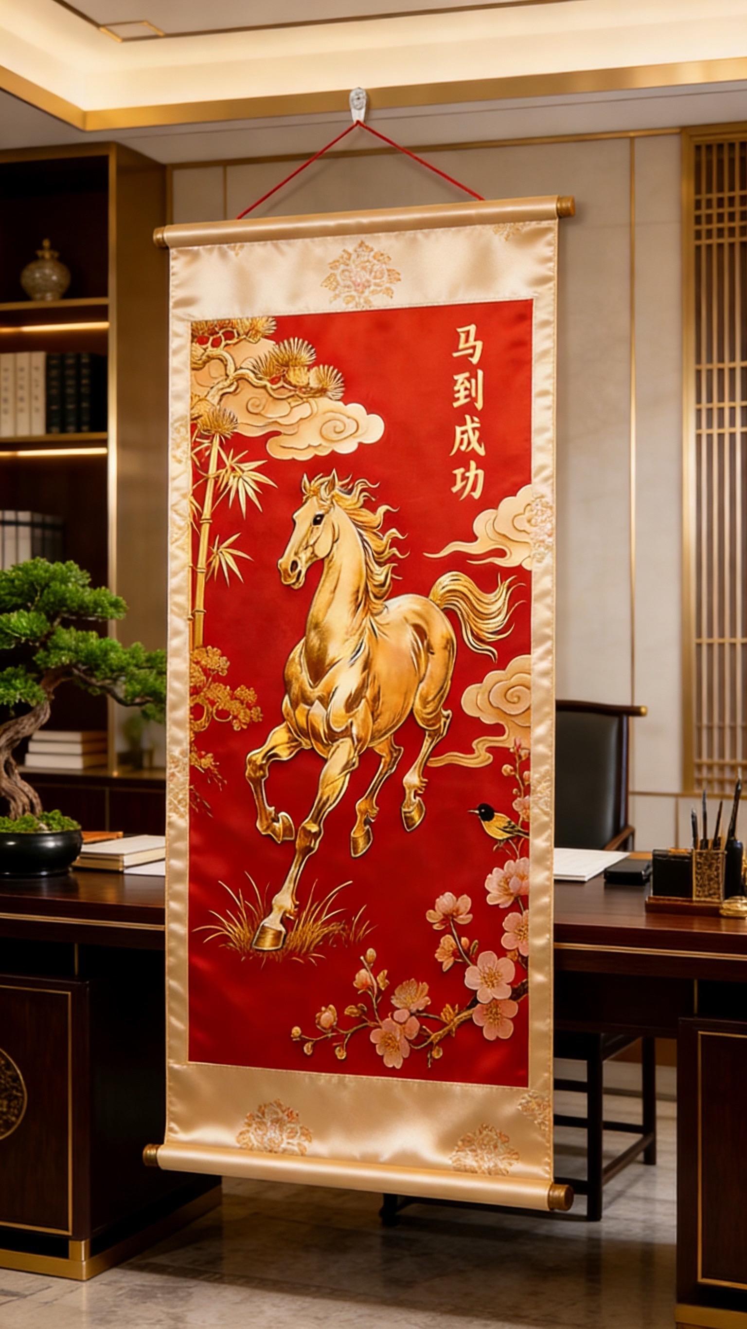 缎面丝滑质感藏匠心，骏马踏云展宏图，愿你前程似锦，事事顺遂！