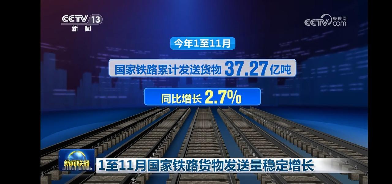 国家铁路货物发送量稳定增长，11月累计37.27亿吨！