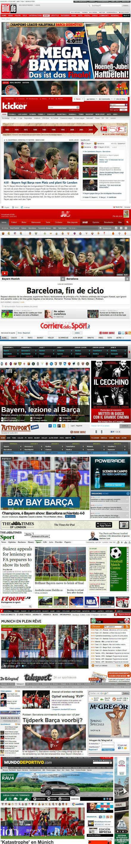 【外媒聚焦拜仁4比0胜巴萨】在4月24日凌晨进行的欧冠半决赛首回合比赛中，拜仁4