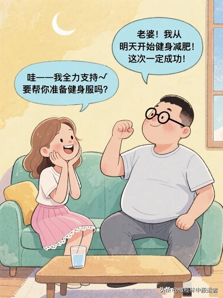 趣味漫画：老公宣布要健身减肥老婆热烈支持。第一周：老公每天打卡发朋友圈老婆点赞。
