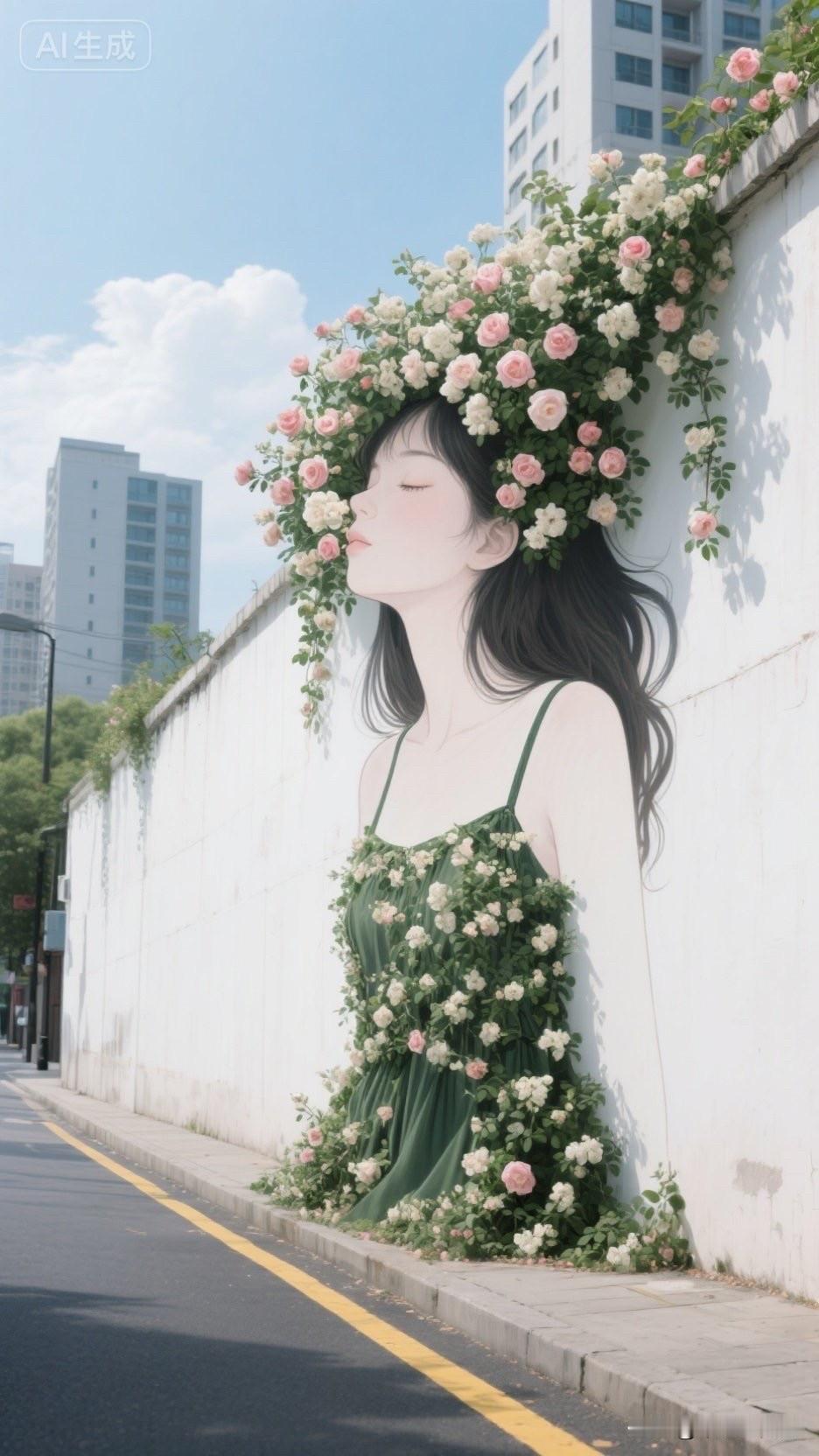 梦幻花墙下的少女，仿佛置身童话世界
