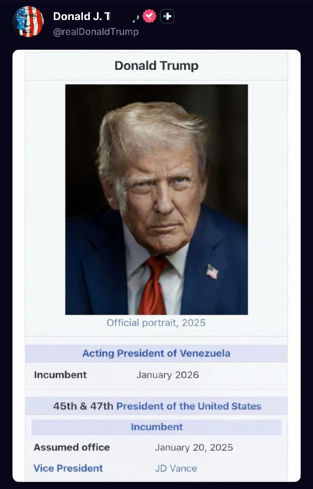 特朗普在社交媒体账号上发图，头衔上加了委内瑞拉代总统……