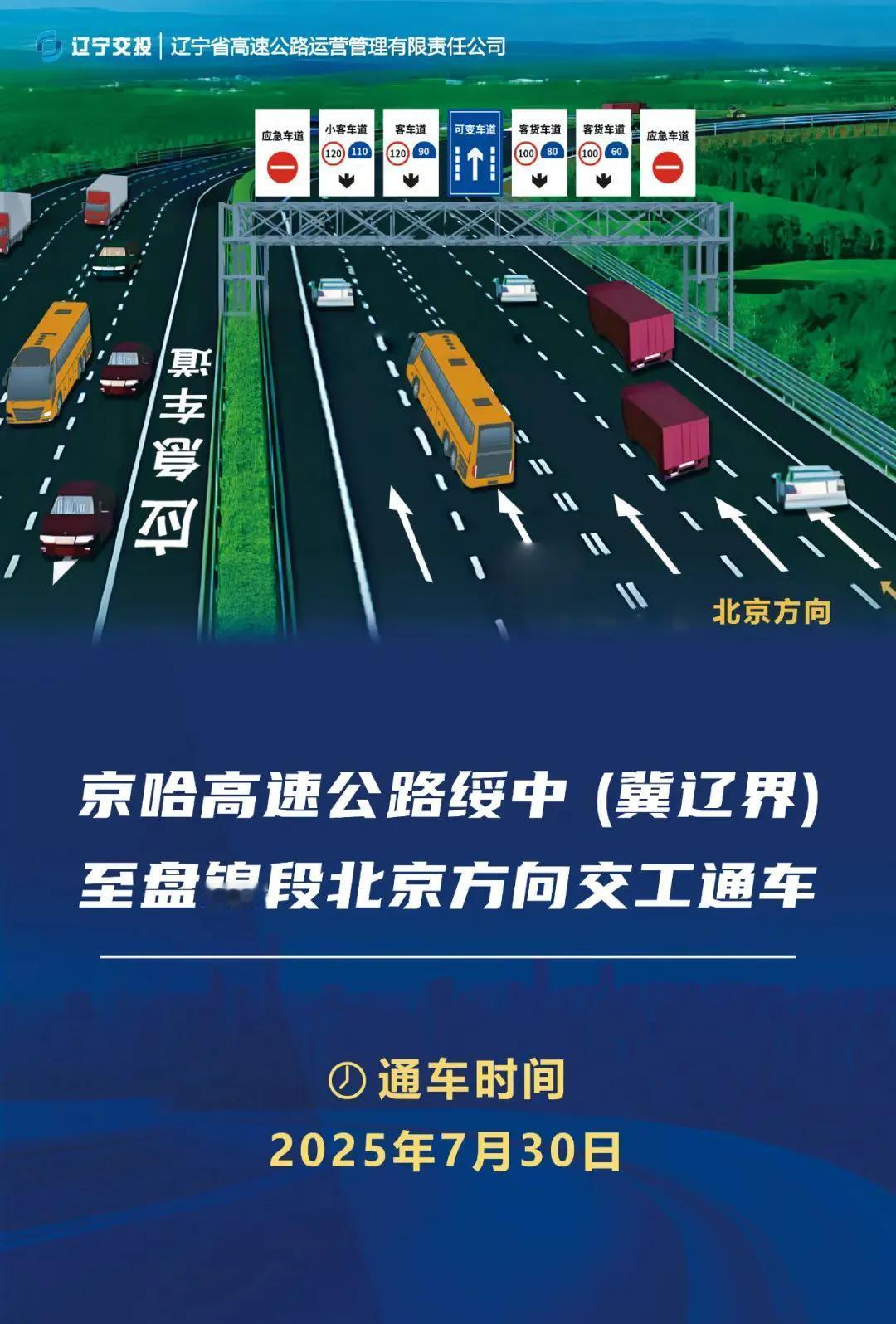 好消息！京哈高速公路绥中（冀辽界）至盘锦段北京方向7月30日正式交工通车啦！
 