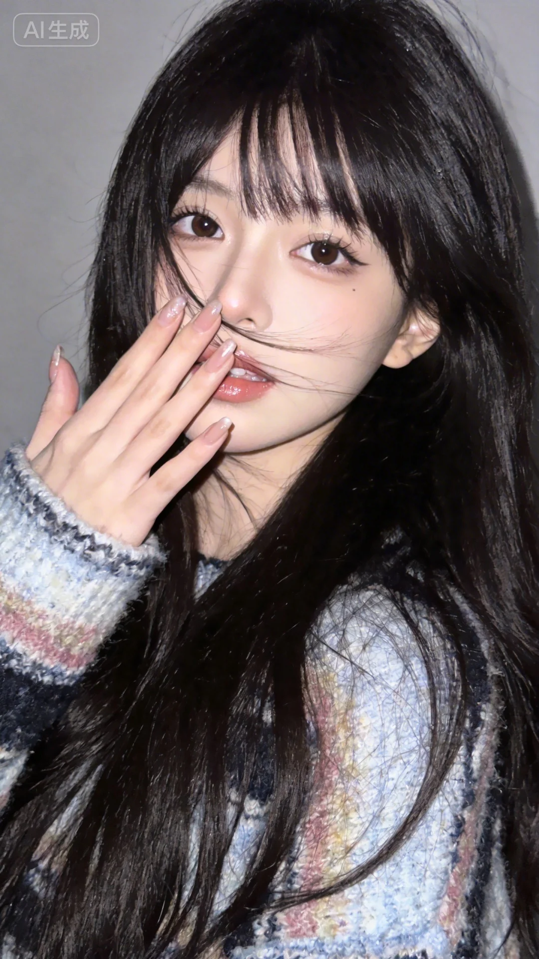 一位长发及腰、模样似洋娃娃般可爱的女生。构图随意却尽显生活中的绚丽日常，害羞，感