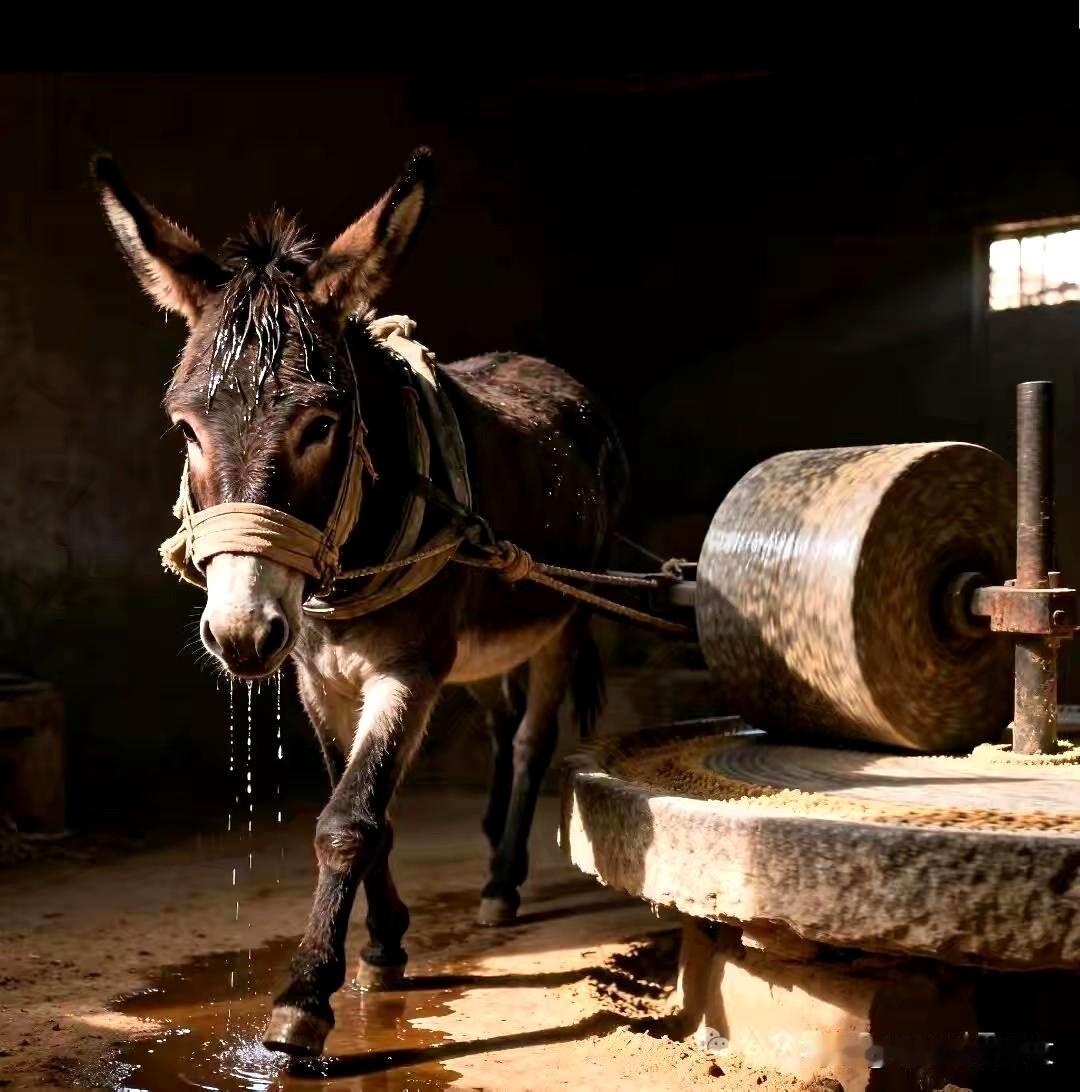 拉磨的驴
驴蒙着眼、转着圈，一圈圈把磨盘碾得咯吱响，汗水顺着鬃毛往下淌，浸湿了脚