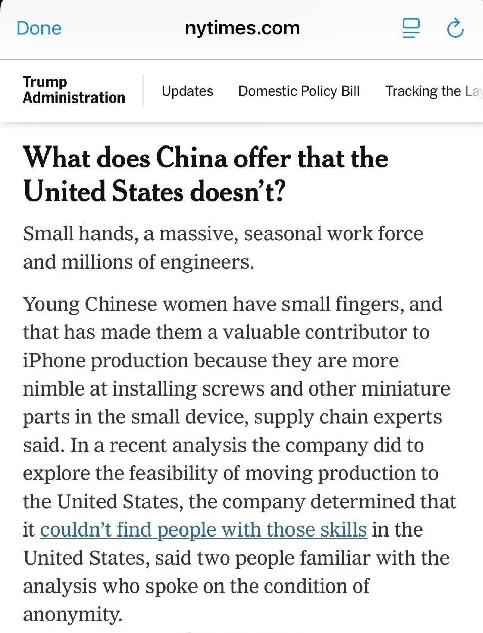 是这原因吗？
纽约时报：专家表示中国女人手指更小，适合制作iphone时打螺丝，