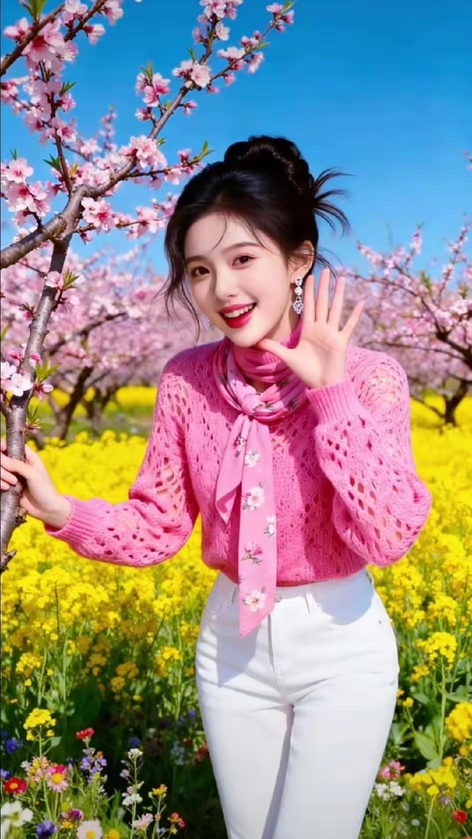 天净沙·春日芳游
桃开菜馥春光，
和风暖拂闲堂，
佳丽寻芳野塘。
人花相映，
一