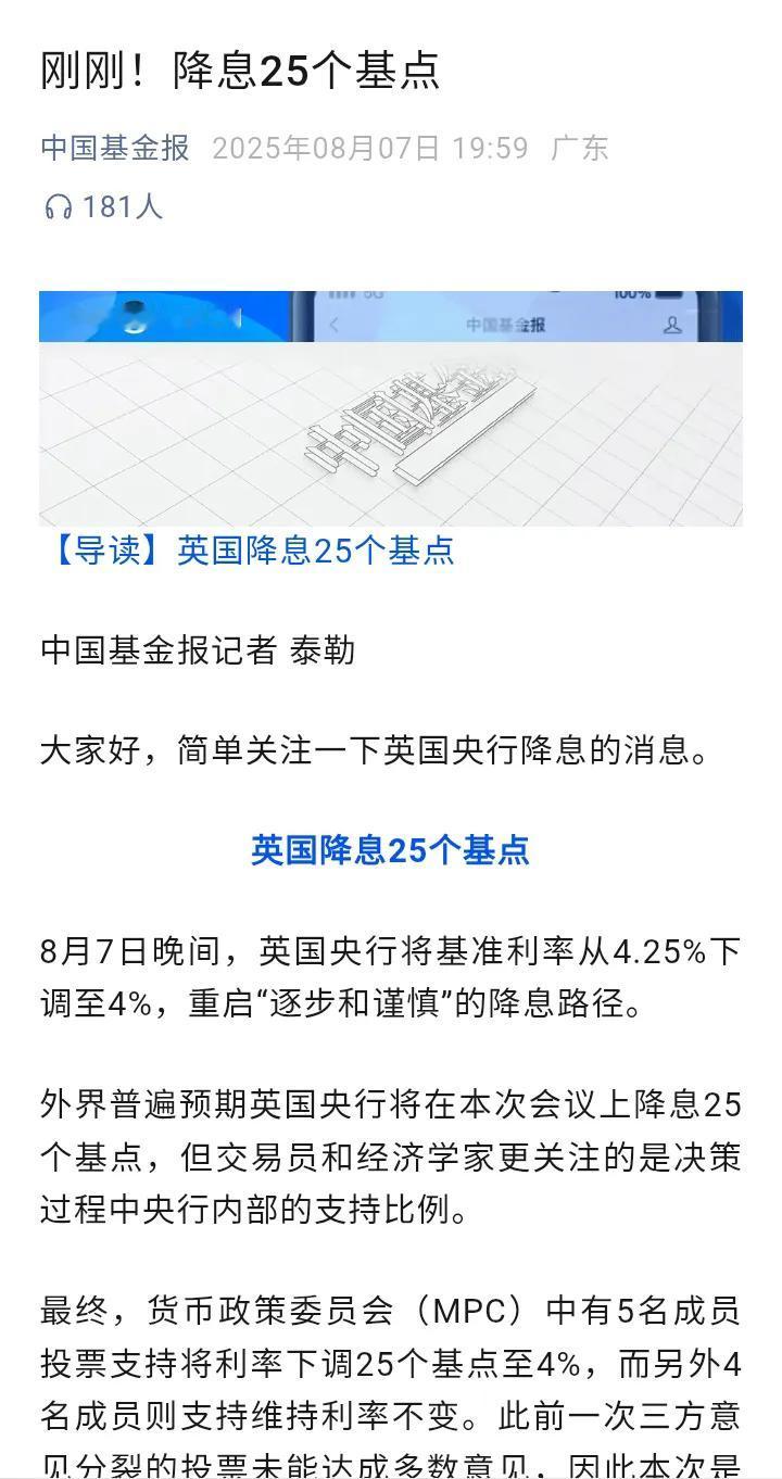 重磅利好，降息25个基点！
英国再次开始降息，预计美联储在9月开始降息，如果8月