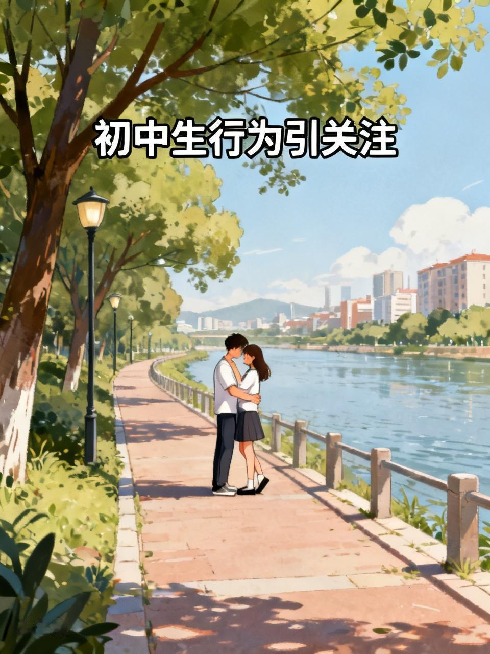昨晚七点多，在河道的健步道上，两名初中男女生全然不顾过往行人，一边走着，一边拥抱