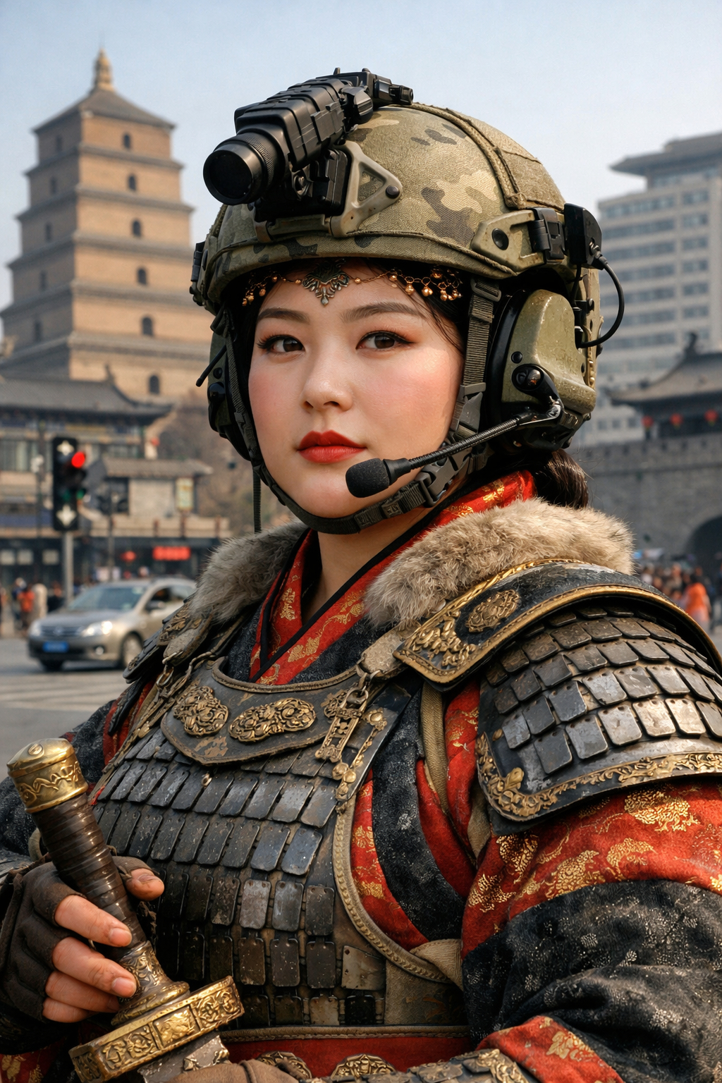 让 chargpt 和 gemini 生成头戴现代头盔的唐代女武士，如下，左边是