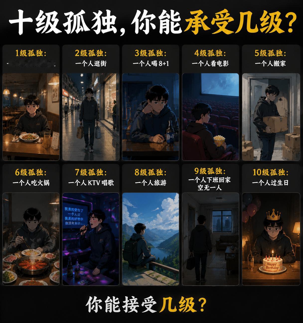 十级孤独，你能承受几级？
一级孤独：一个人去餐厅吃饭
二级孤独：一个人逛街
三级