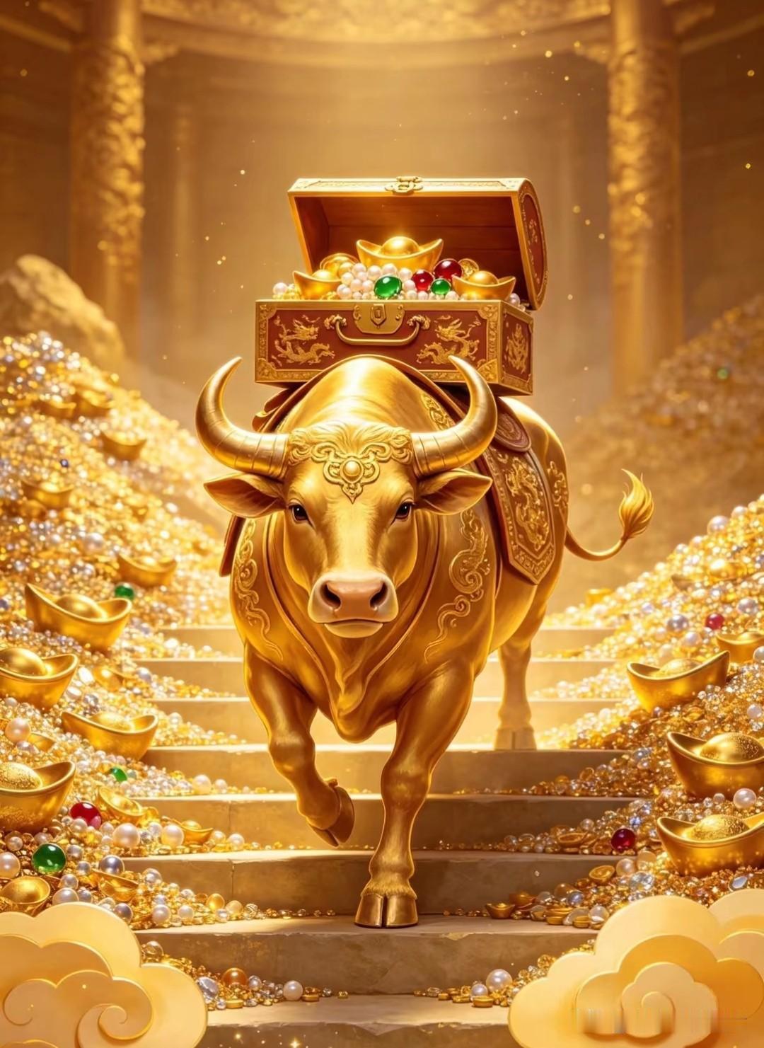 金牛踏阶驮万宝，
金箱纳宝聚千金。