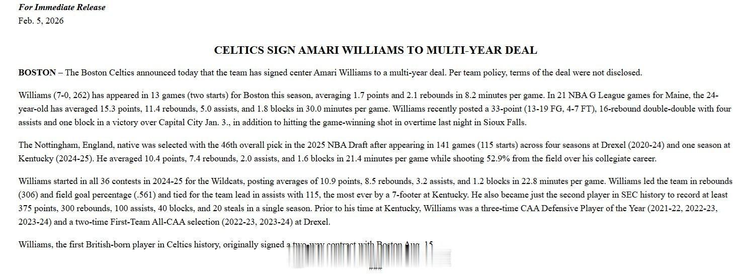 转正！凯尔特人队今日官宣，已与阿马里·威廉姆斯签下一份多年合同。Marc Ste