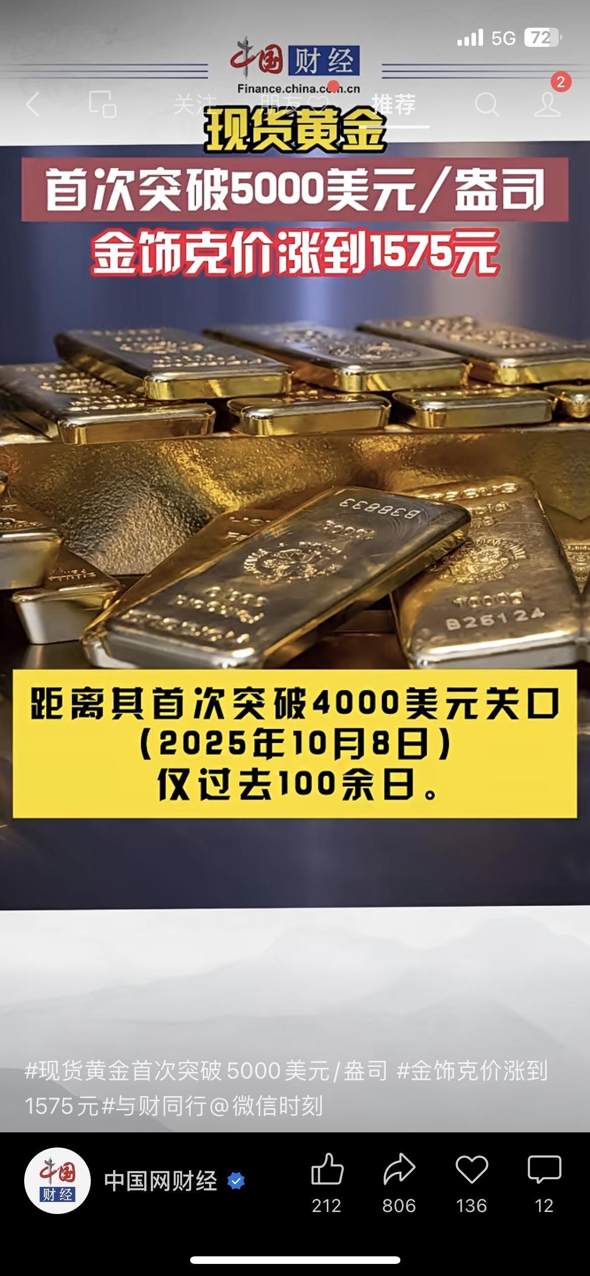 🔥炸了！黄金首次突破 5000美元/盎司！国内老庙金饰直接飙到1575元/克，