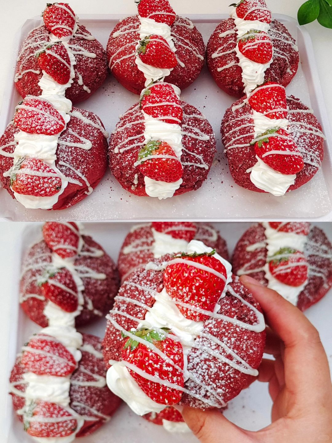 🍓巨好吃·红丝绒草莓酥粒面包～