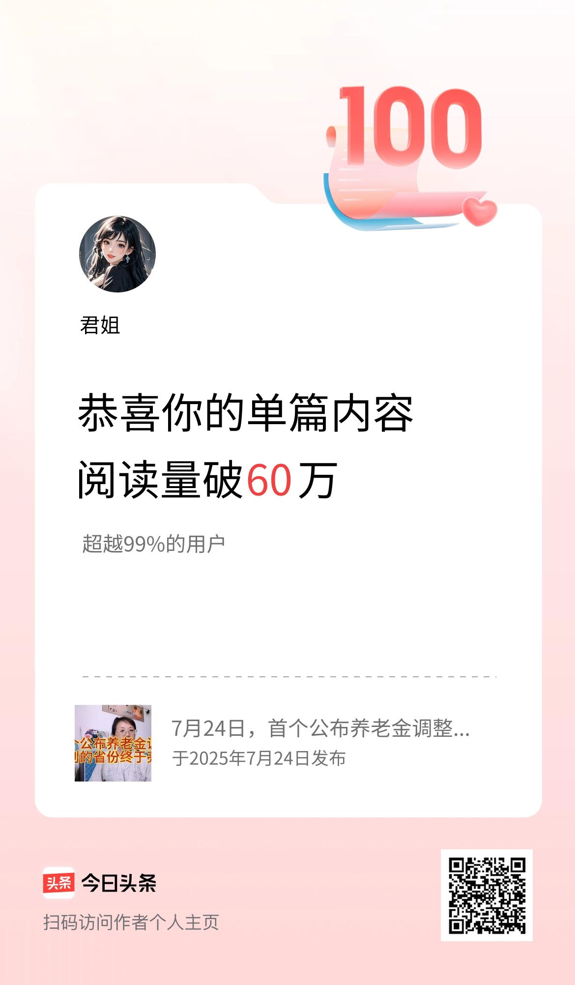 单篇内容获得阅读量破60万啦！