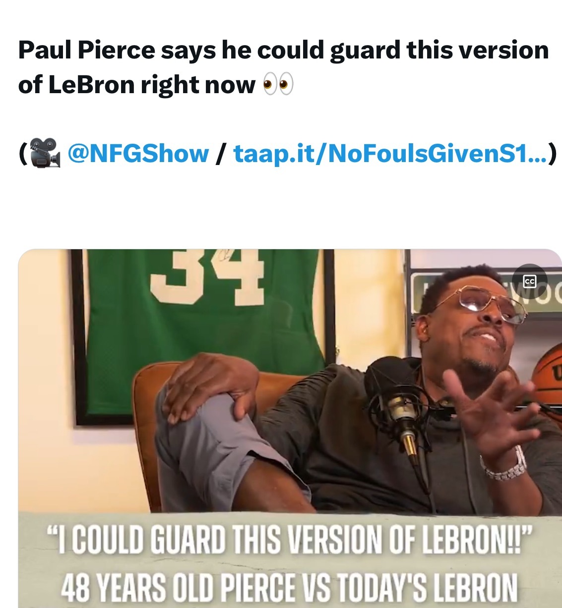 皮尔斯：“现在的我能防住目前的老詹。”目前皮尔斯48岁，老詹40。NBA