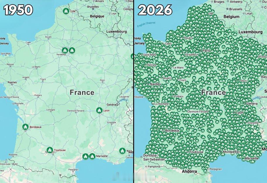 法兰西1950年：约10座清真寺；2026年：约2600座清真寺。 