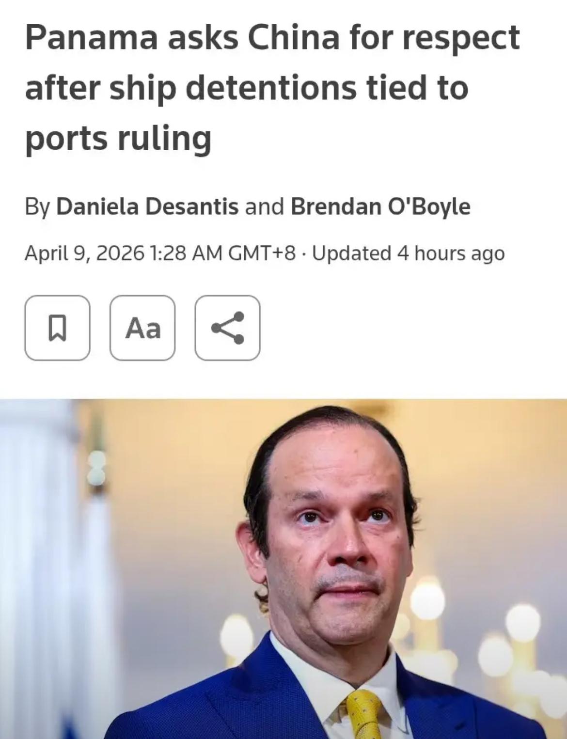 昨天（4月8日）巴拿马外交部长敦促中国尊重其主权。因巴拿马法院撤销中国香港和记黄