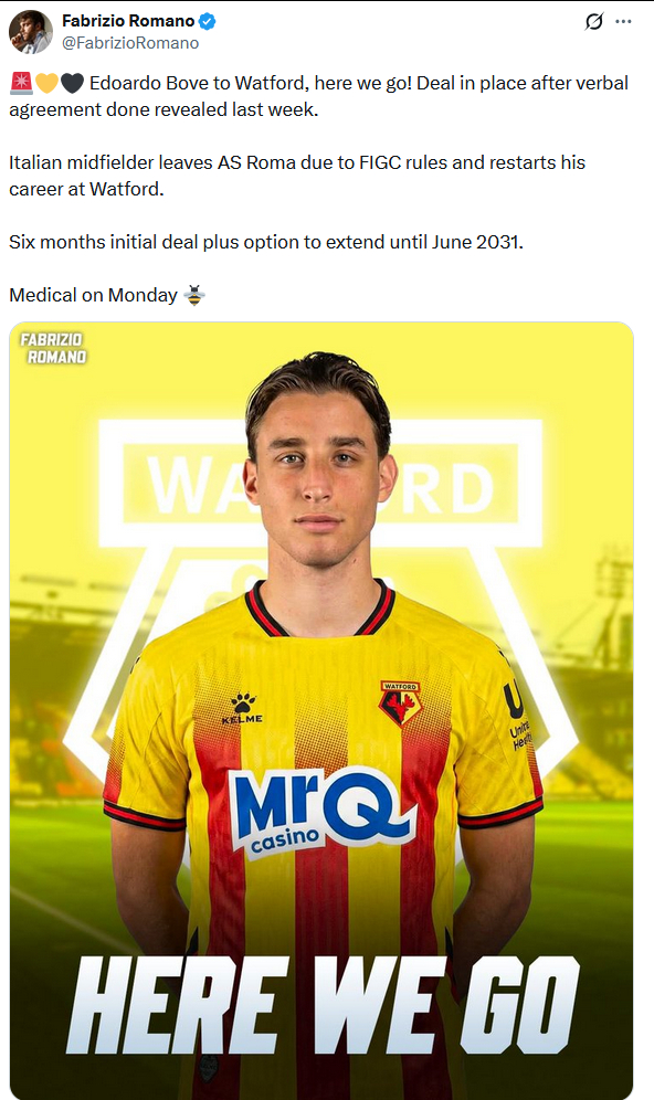 博维下周一接受沃特福德的体检，将签下一份六个月+五年续约选项的合同。 