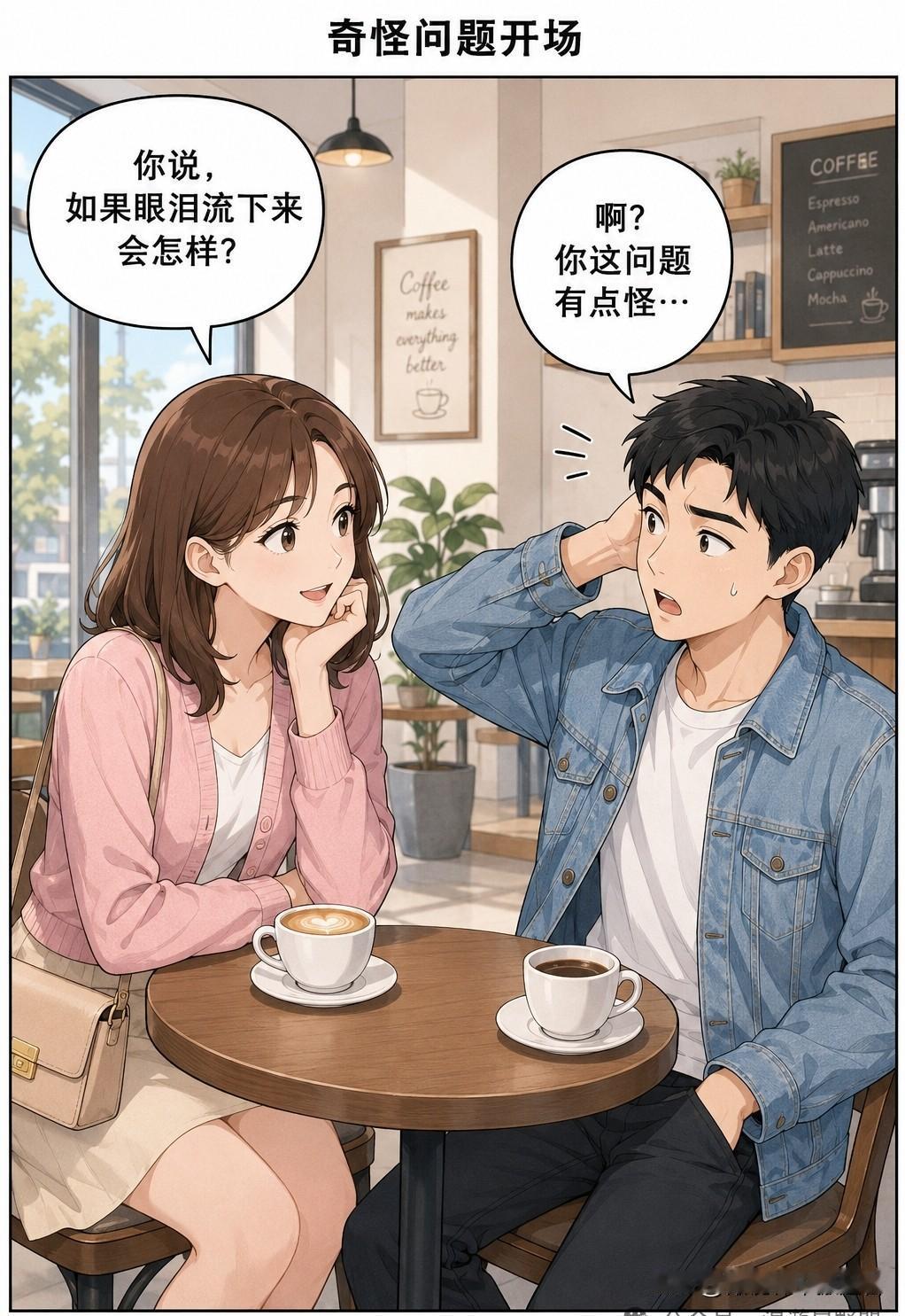 趣味漫画：女生问男生：你说如果眼泪流下来会怎样？男生：胸大滴胸上，胸小滴脚上吧。