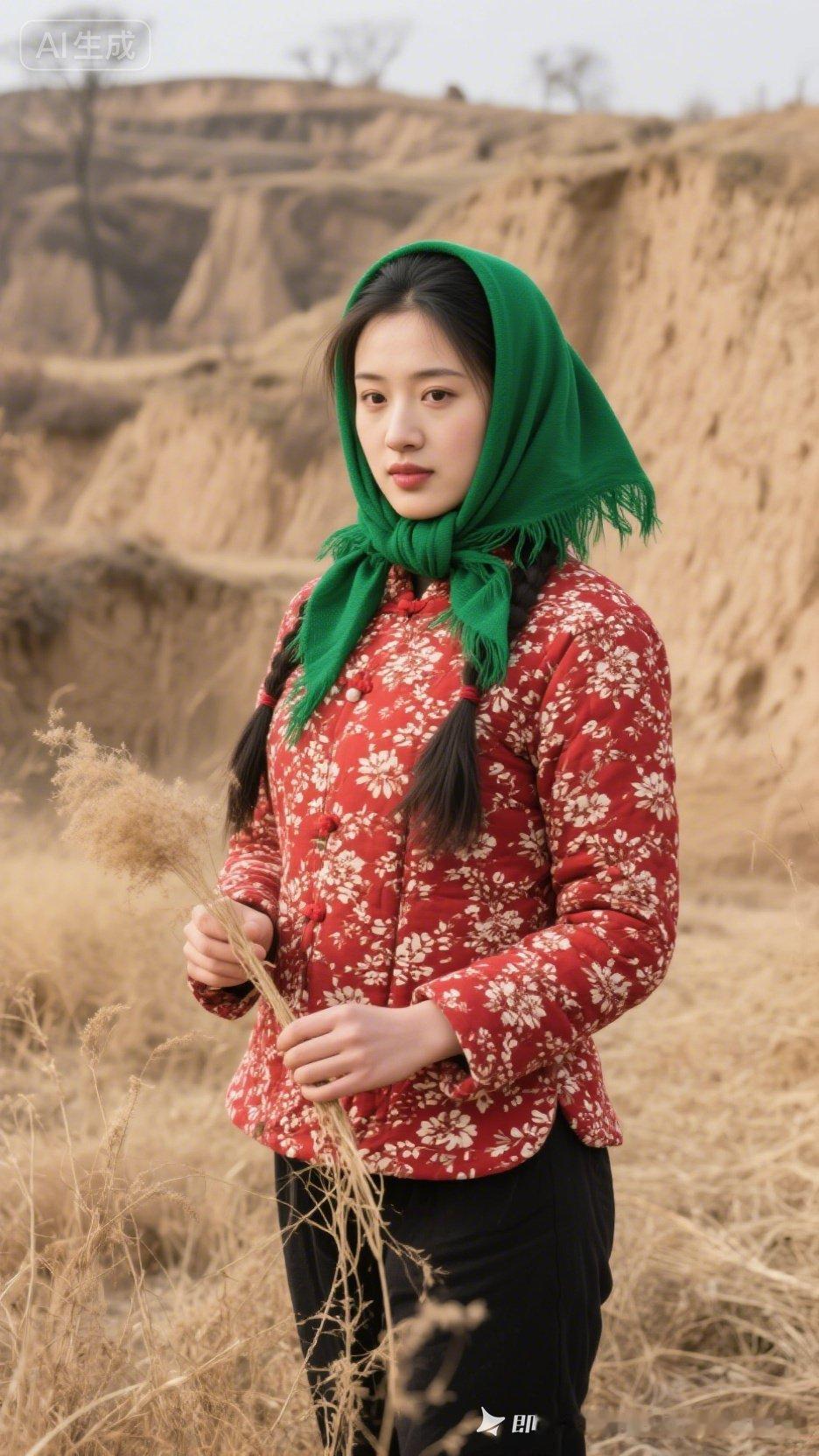 绿头巾红衣少女，野花丛中自然美。