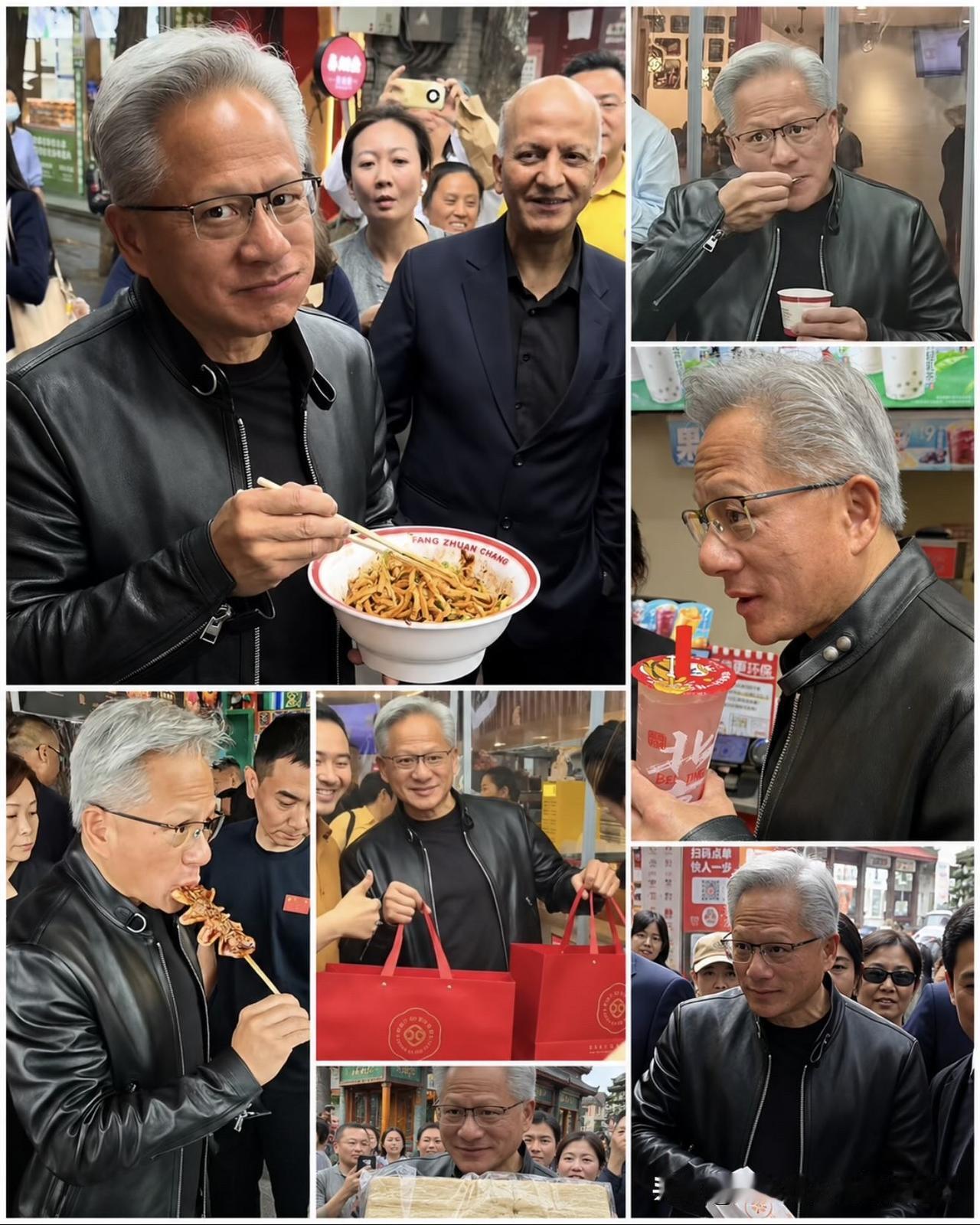 5月15日。身家万亿的黄仁勋在北京的街头胡同，站着吃炸酱面，吃串串，喝蜜雪冰城，