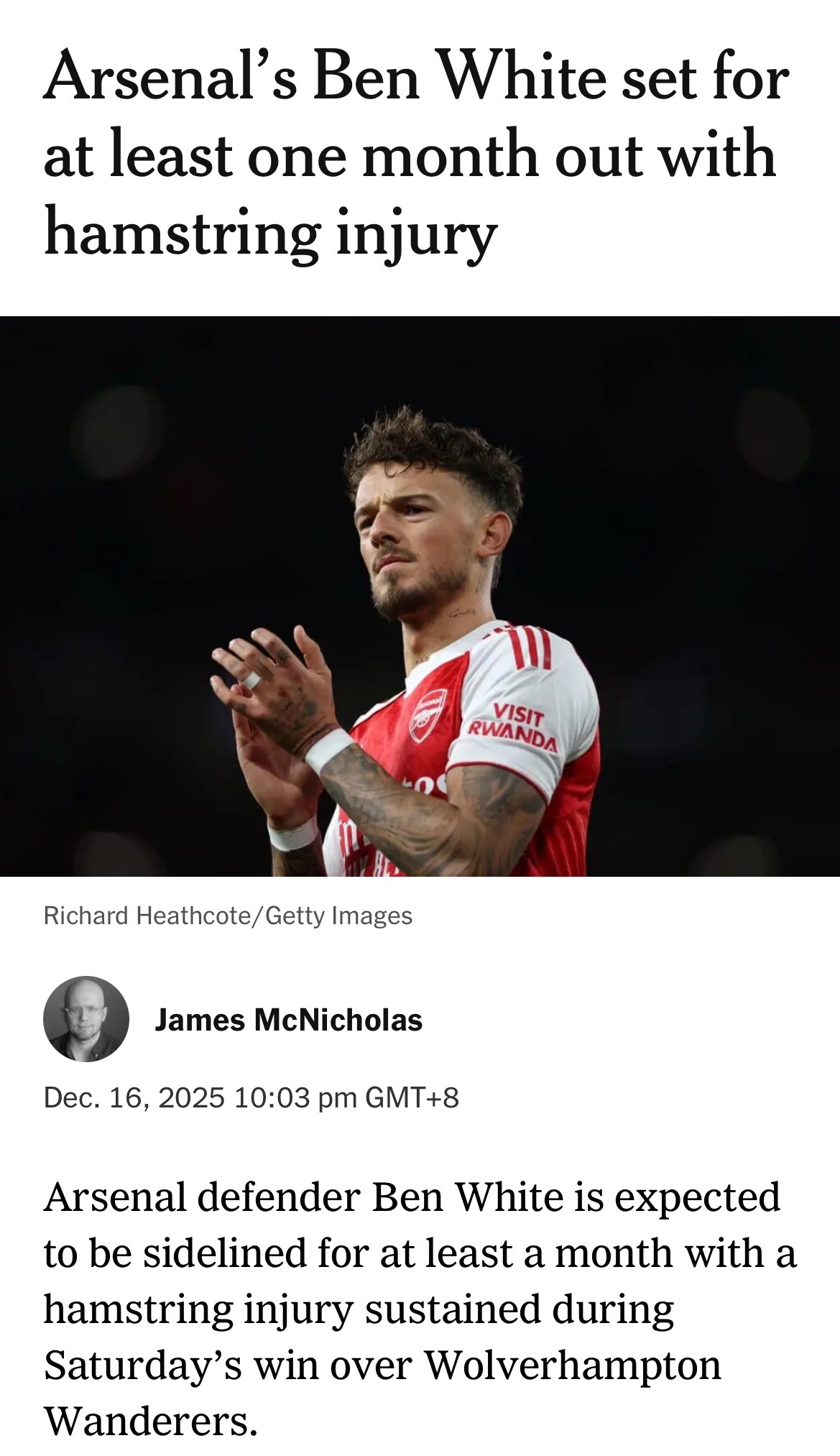 The Athletic James McNicholas：已确认阿森纳后卫本·