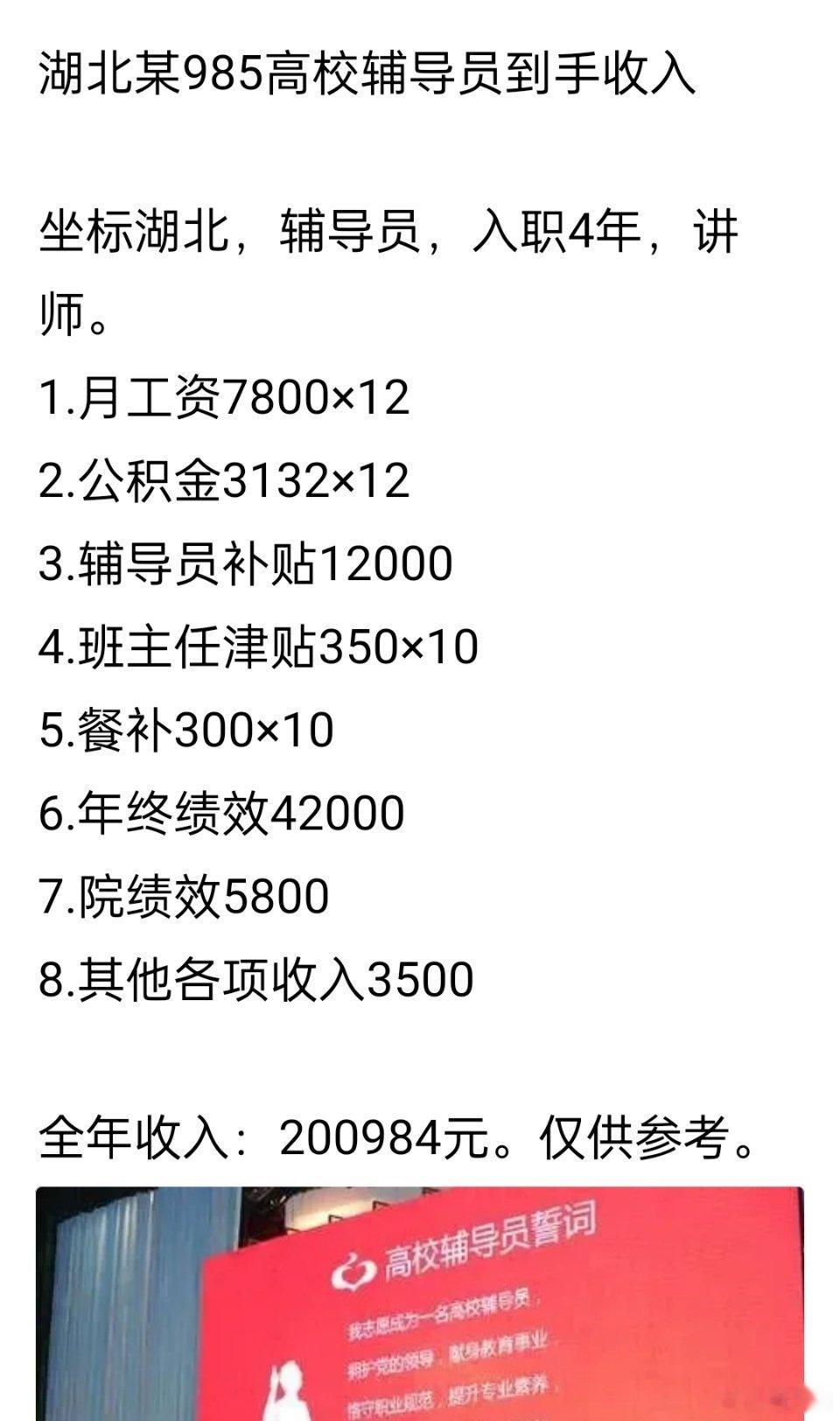 湖北某985高校辅导员收入，在武汉这个收入处于什么水平？ ​​​