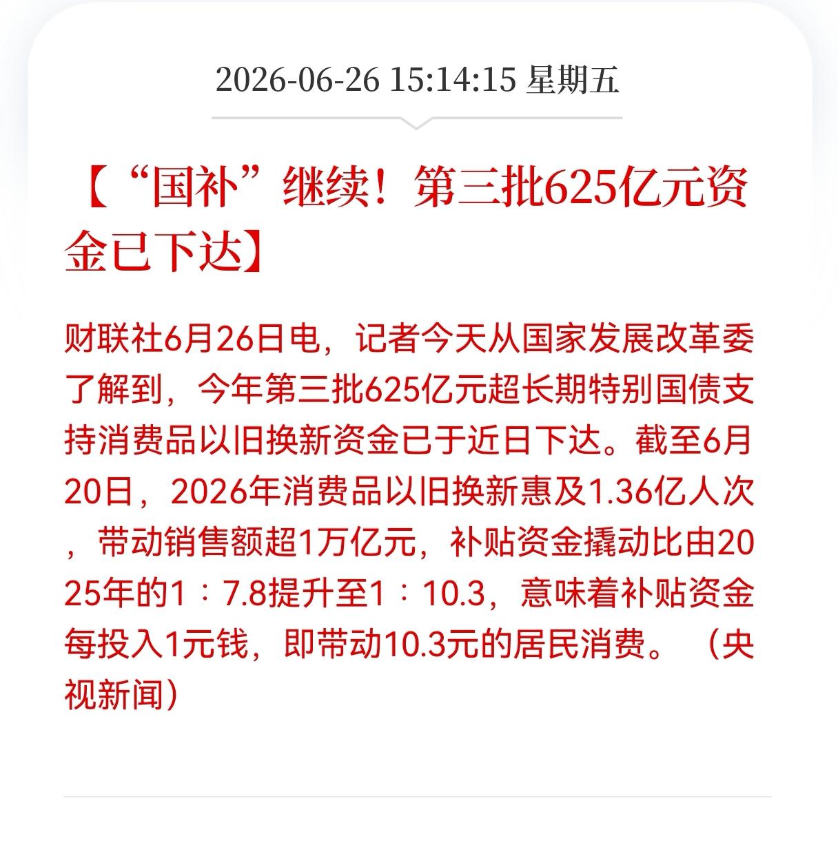 大消费板块迎来重磅利好！
国补再次来了，第三批625亿元国补资金已下达，股民朋友