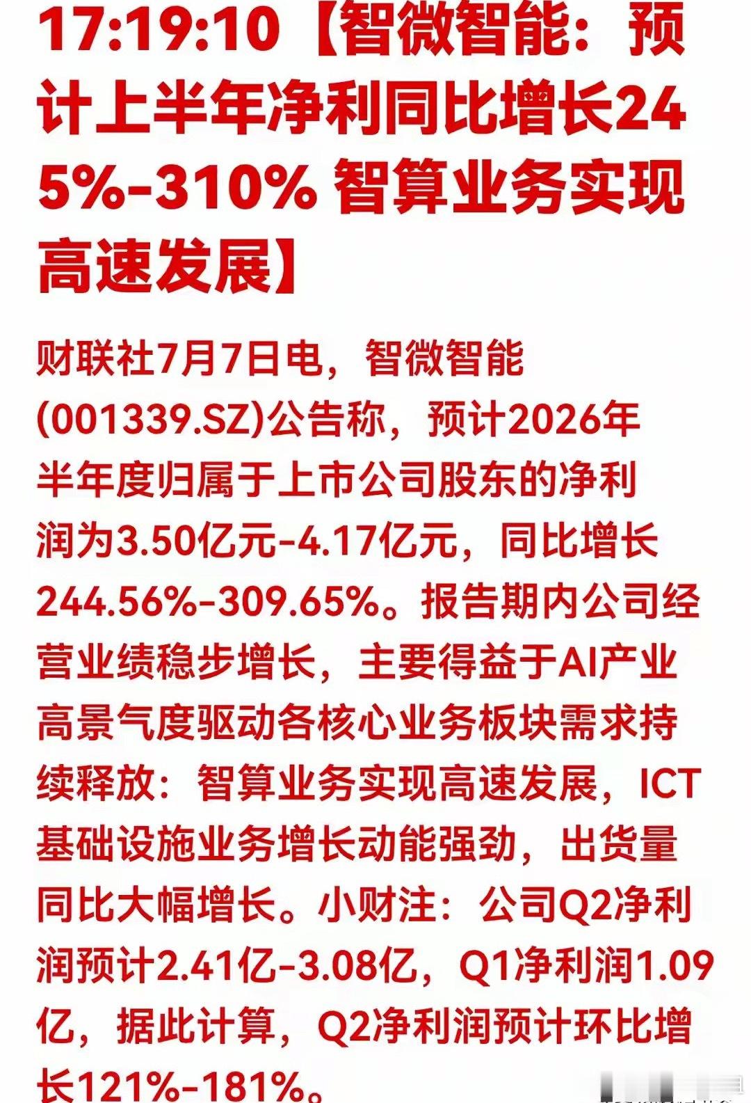 大利好！业绩狂飙310%！ICT智算设备板块新一轮行情将至7月7日晚间智微智能发
