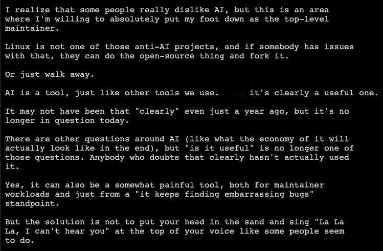 Linux 掌门人林纳斯说：AI 很有用，将在 Linux 内核开发中使用，谁觉