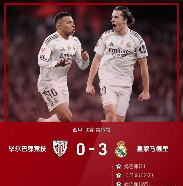 12月04日 25/26赛季西甲联赛第19轮，皇家马德里3-0战胜毕尔巴鄂竞技。