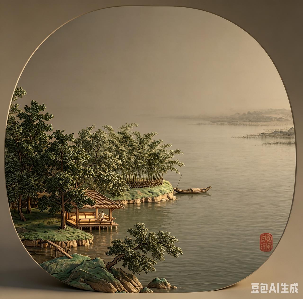 古人真会玩，把 “发呆” 玩成了名画！（南宋 朱光普《江亭晚眺图》AI复原图）
