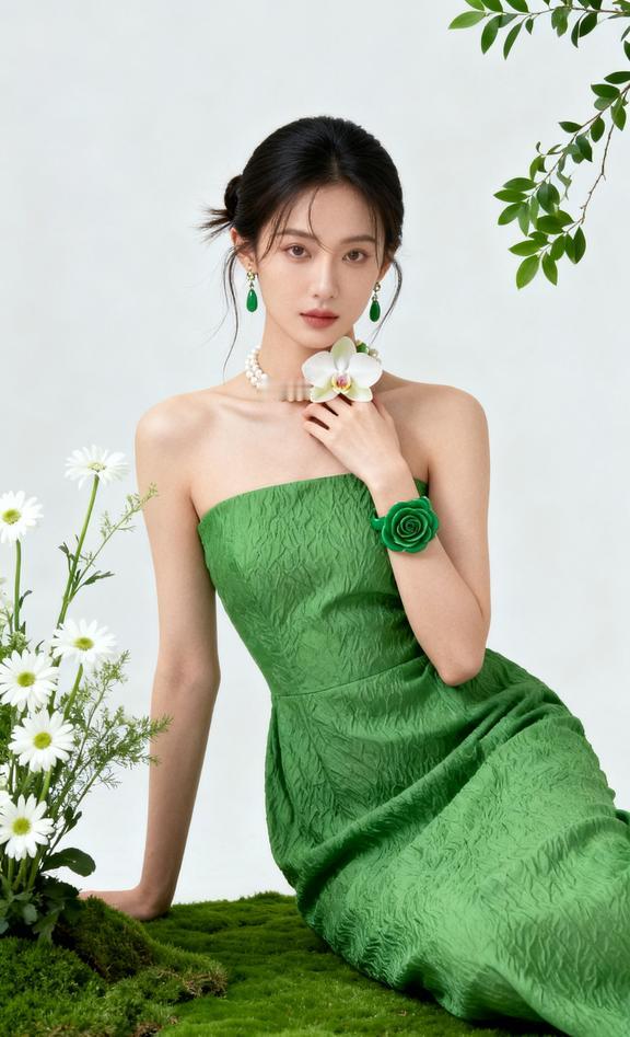 亚洲女性低盘发微垂，高饱和绿抹胸肌理裙勾勒S型曲线，珍珠颈链、兰花耳饰与玫瑰绿手