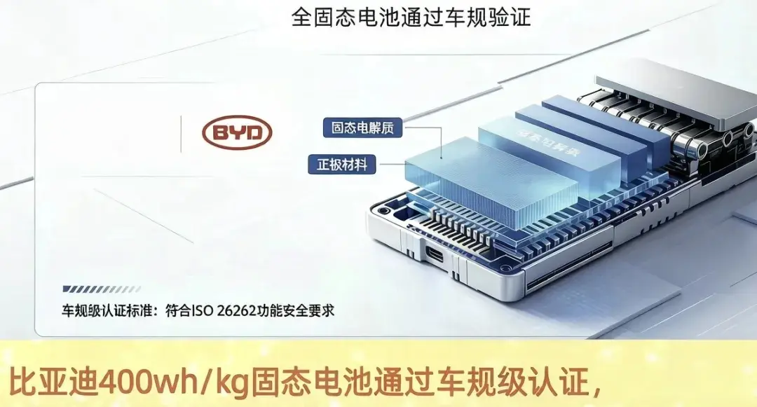 比亚迪全固态电池通过车规验证了，走的是硫化物方案，容量为容量为400w...