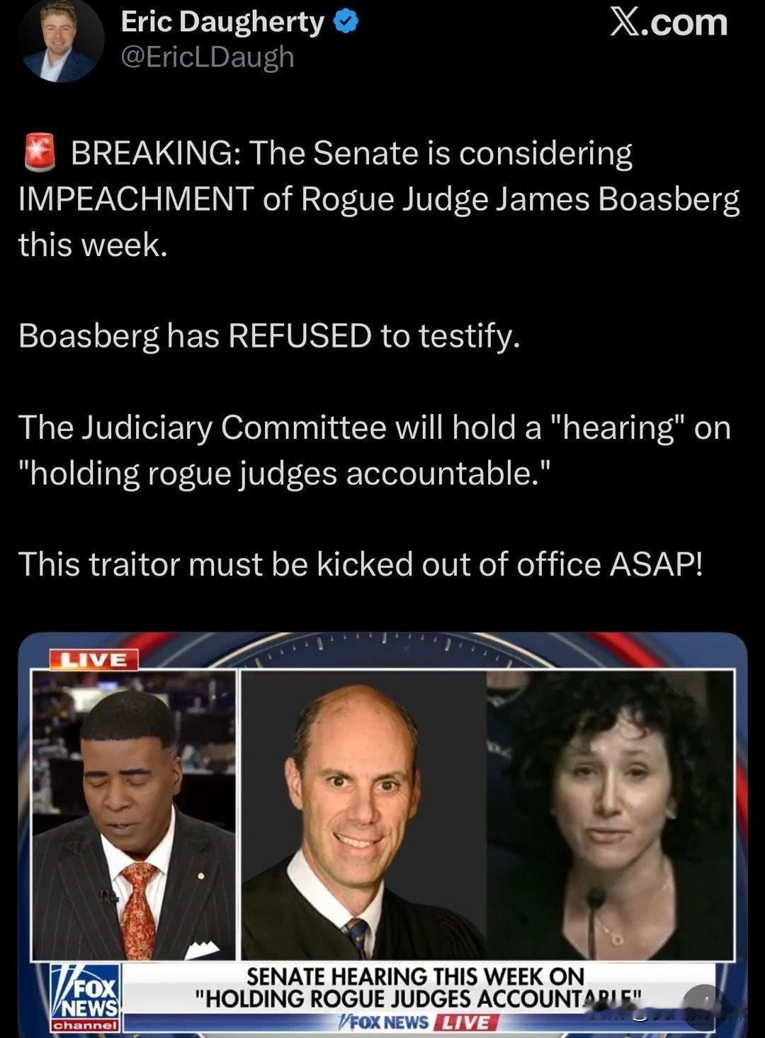 突发消息：参议院正考虑本周对“Rogue”法官 James Boasberg 进