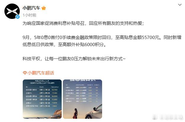 小鹏汽车推5年免息0首付小鹏汽车迎来购车新政：宣布推出行业领先的**“5年0息+
