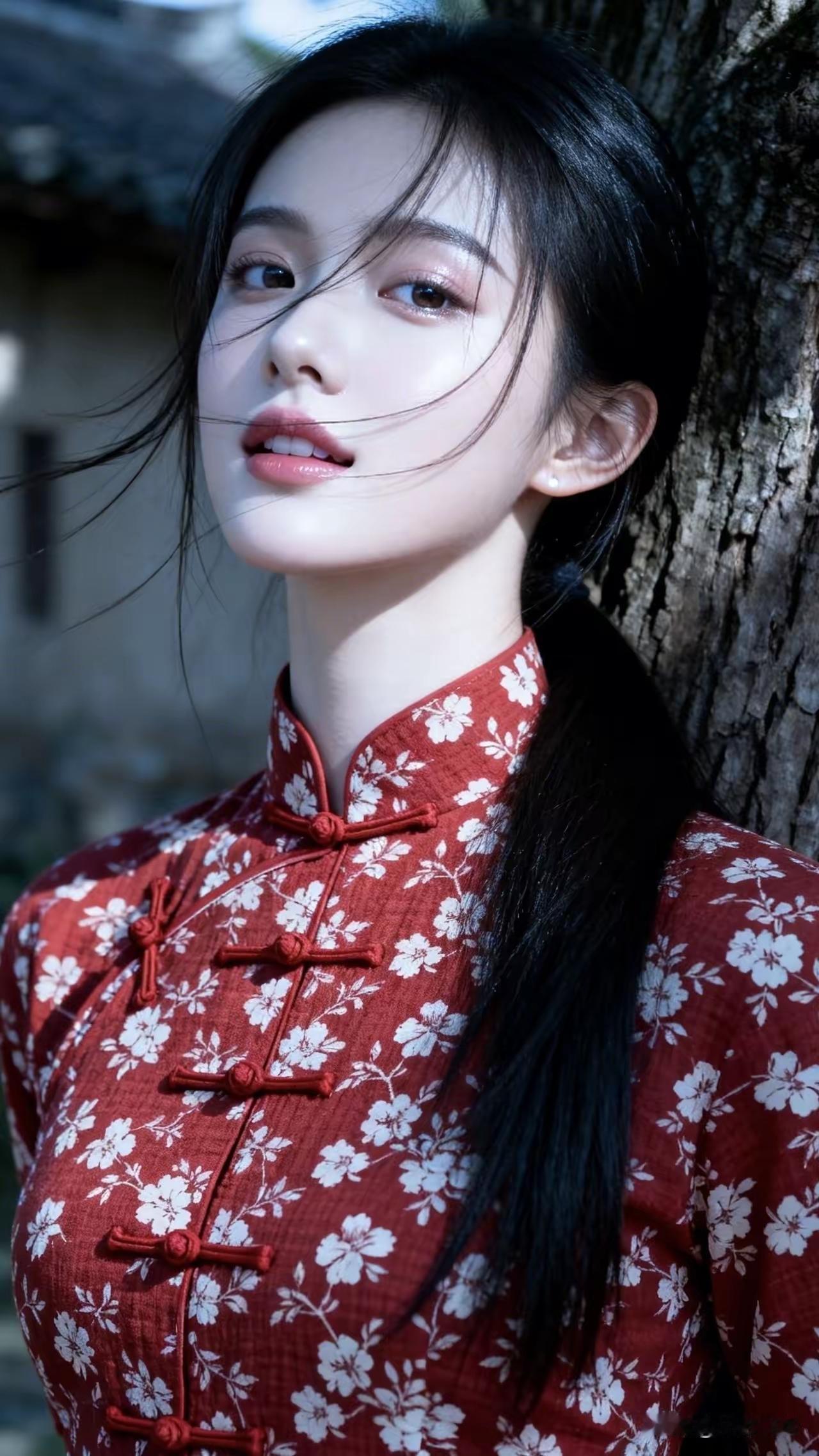 这姑娘靠在树上，真有韵味！