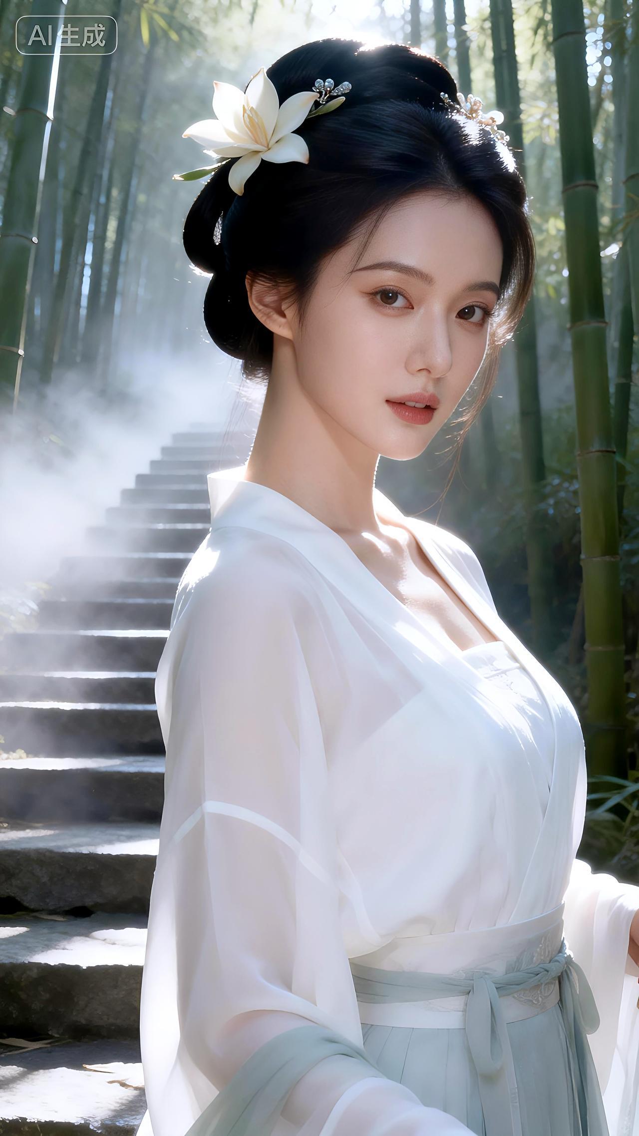 “雾锁青林石径深，素衣挽髻露华浓”，这诗句描绘的画面简直绝了，用来做壁纸再合适不