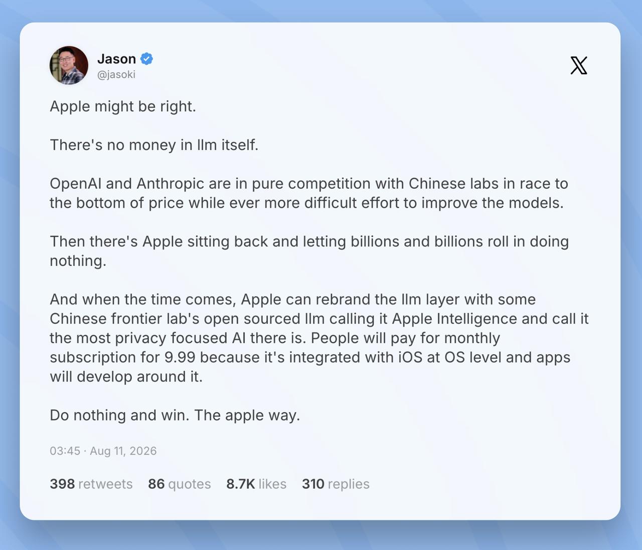 【大模型终将过剩，苹果却在等收租】当OpenAI和Anthropic在烧钱卷性能